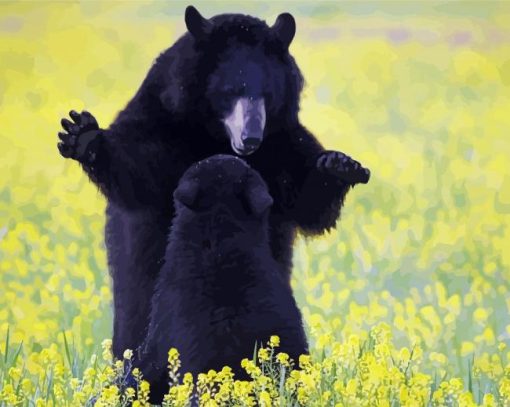 Two Black Bear In Flowers Field paint by number