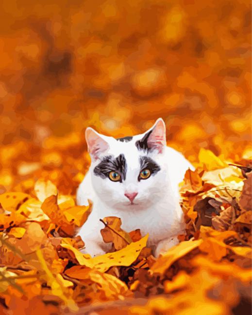 White Cat And Autumn Leaves paint by number