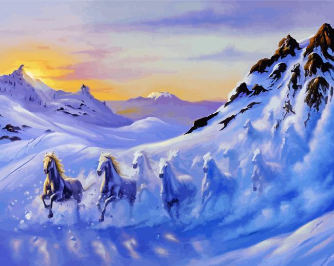 White Horses In Snowy Mountains Jim Warren paint by number